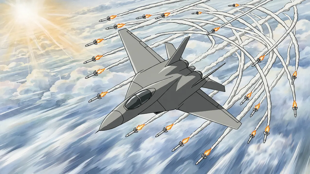 A gray fighter jet banks hard while white missile smoke trails spiral around it above the clouds