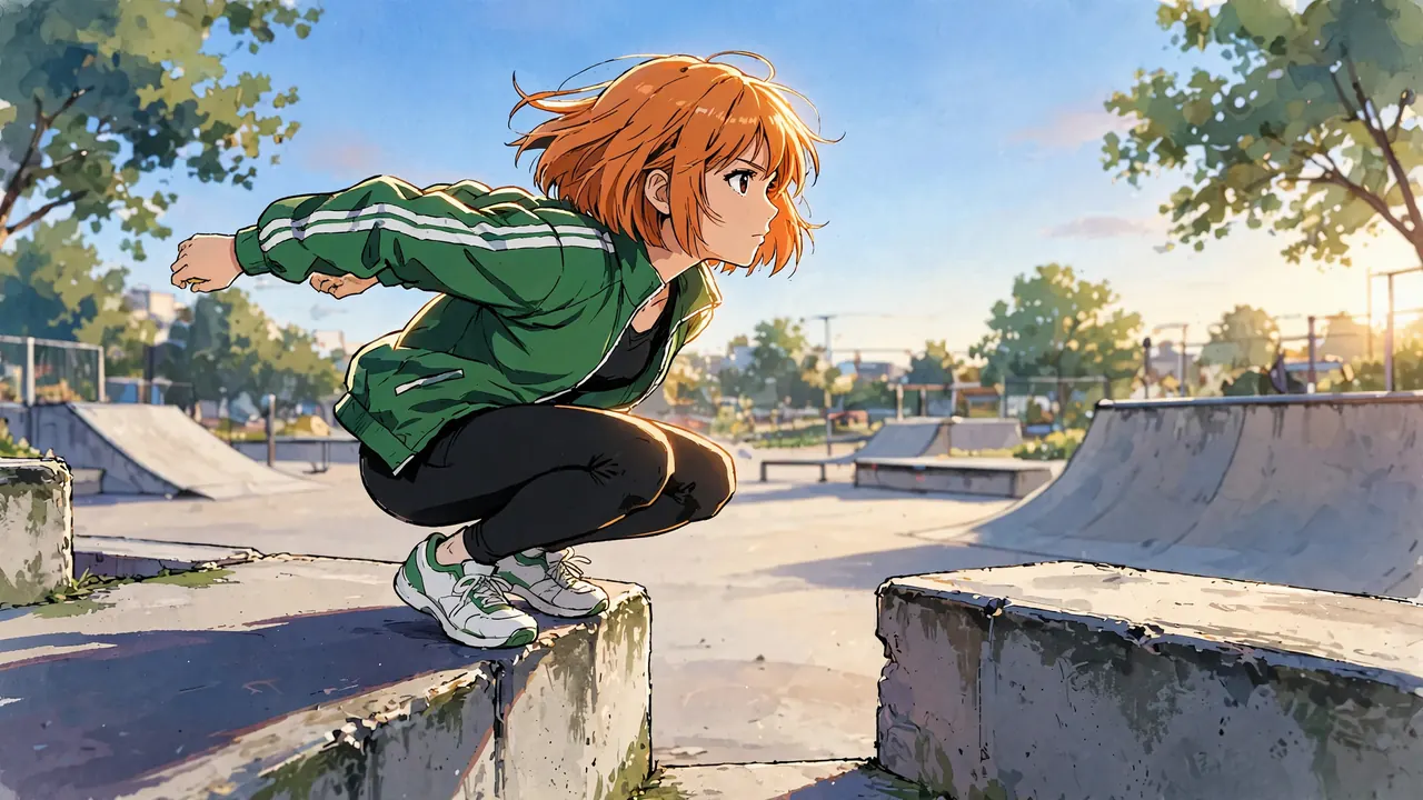 A parkour runner in a green track jacket crouched deep on a low wall in a skate park, about to jump
