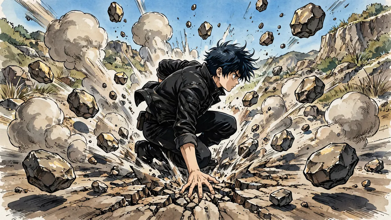A hero landing in a crouch on cracked ground, rocks and round dust puffs thrown outward