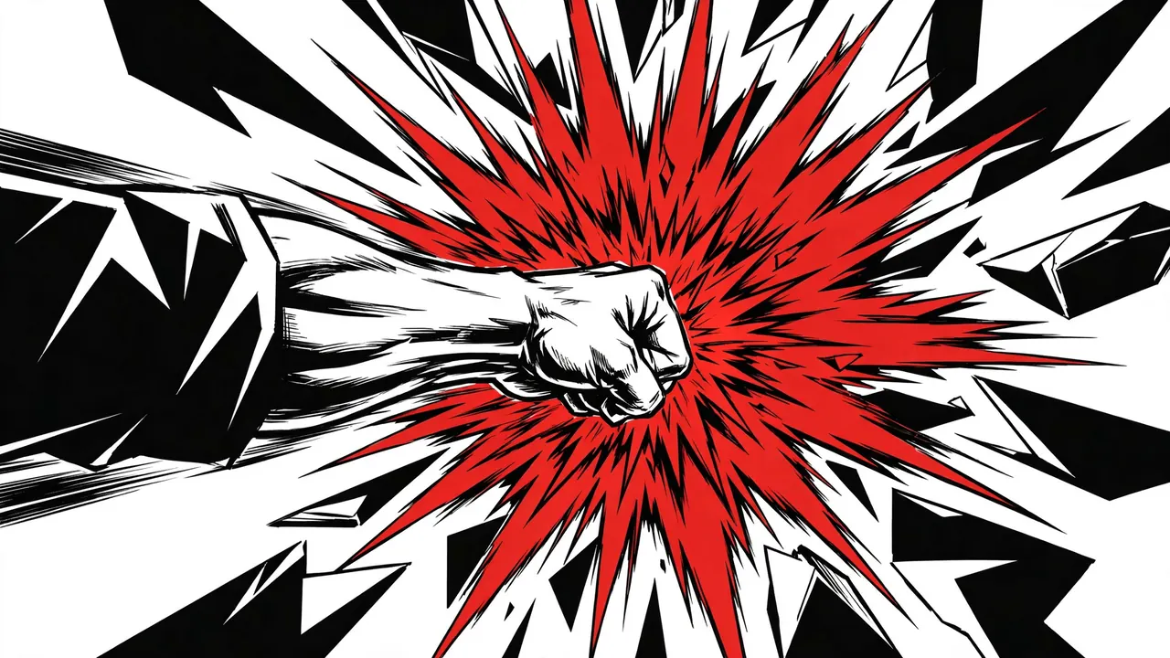 A stylized black, white and red impact frame of a fist driving into a jagged burst shape