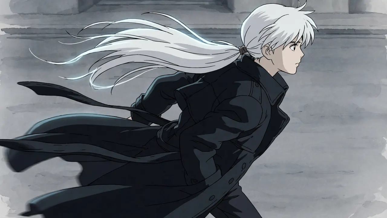 A young man with long white hair mid-turn, his hair and coat tails still swinging behind him