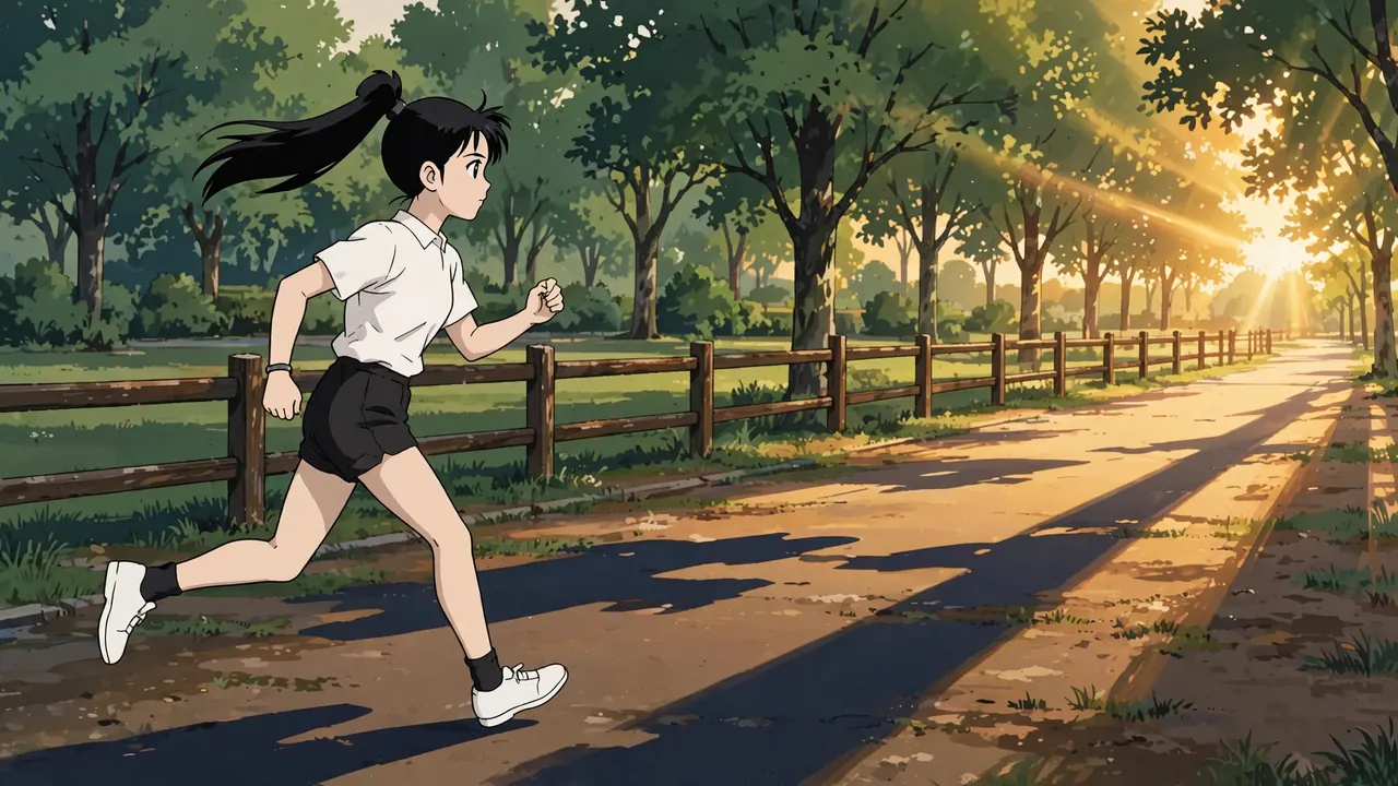 A girl with a black ponytail running to the right along a park path in golden light