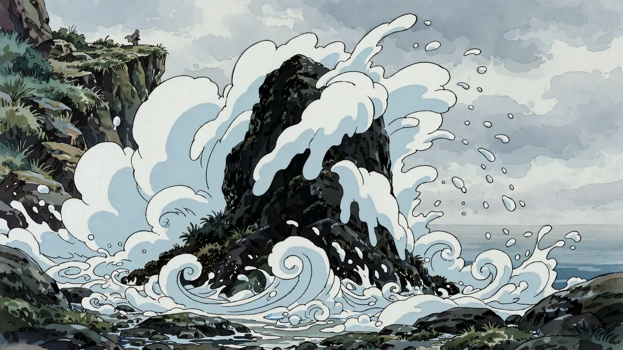 A wave crashing on a black rock drawn as clean white shapes with pale blue shadows