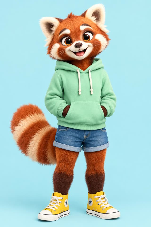 Ember, a 3D red panda character in a mint green hoodie and yellow sneakers