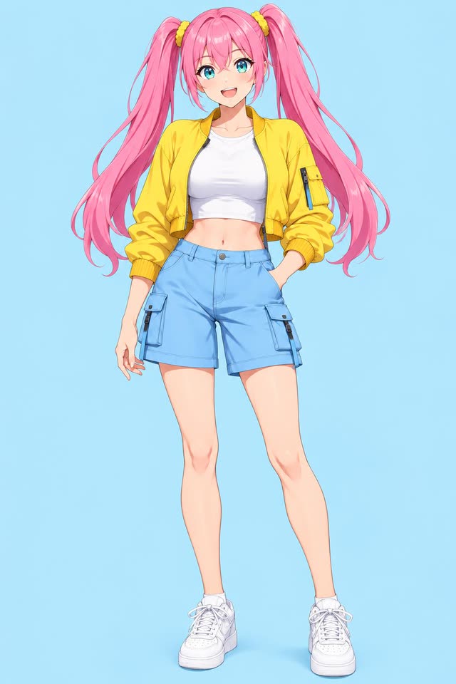Hana, an anime woman with pink twin tails and a yellow bomber jacket