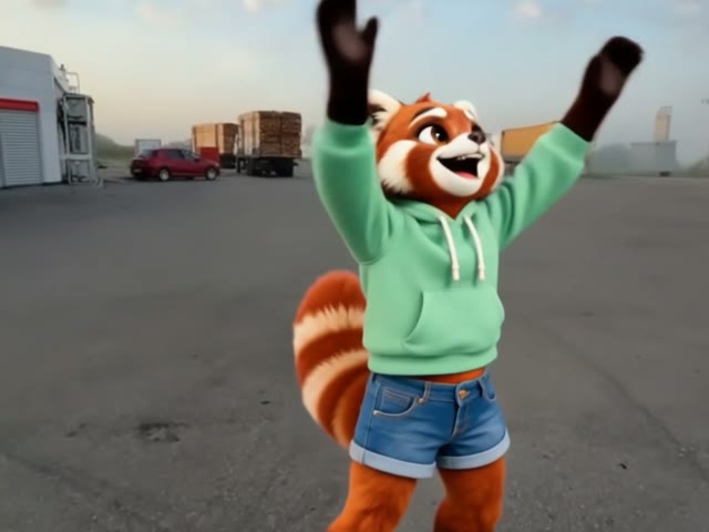 Ember, a red panda in a mint hoodie, dances by the gas station pumps with both arms in the air