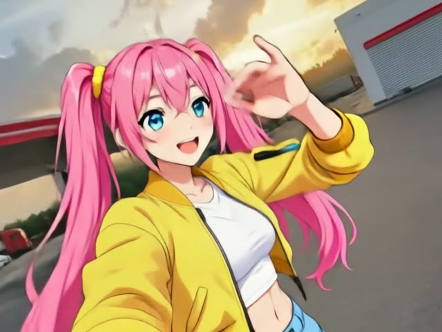 Hana, an anime woman with pink twin tails and a yellow jacket, takes a selfie at the gas station at sunset