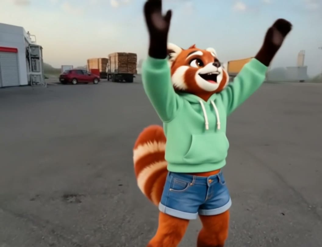 Ember, a red panda in a mint hoodie, dances at a gas station with both arms in the air