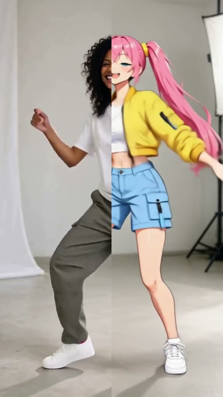 A woman in a white tee and olive cargo pants dances in a white photo studio, swapped into Hana: the original on the left, the swap on the right