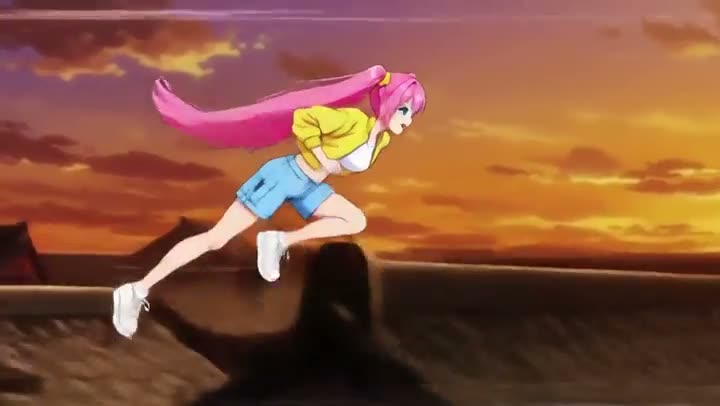 The same rooftop run at sunset with the runner swapped into Hana, an anime woman with pink twin tails and a yellow jacket