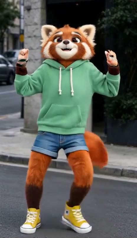 A man in a red hoodie and black joggers dances on a city street, swapped into Ember