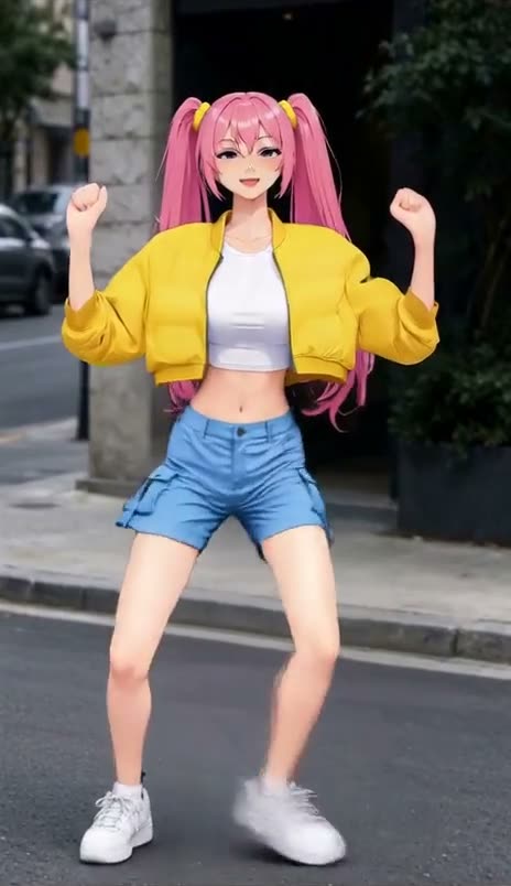 A man in a red hoodie and black joggers dances on a city street, swapped into Hana