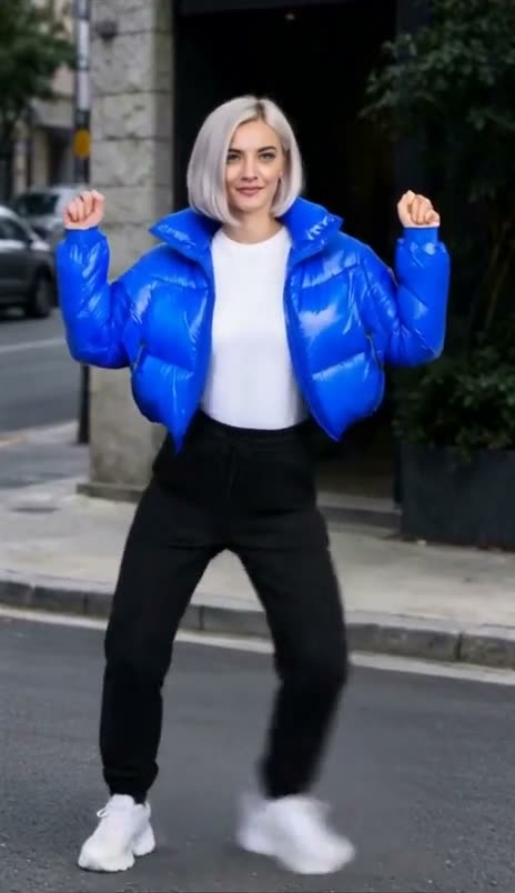 A man in a red hoodie and black joggers dances on a city street, swapped into Nova