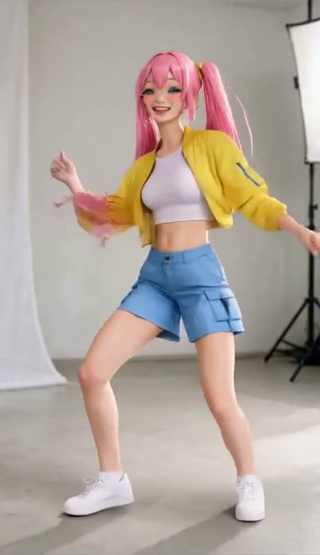 A woman in a white tee and olive cargo pants dances in a white photo studio, swapped into Hana
