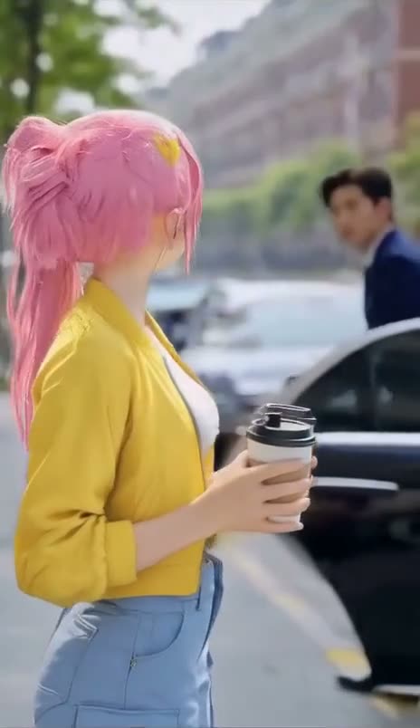 A cafe worker with two coffees looks at a man in a navy suit stepping out of a black car, swapped into Hana