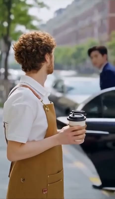 A cafe worker with two coffees looks at a man in a navy suit stepping out of a black car, swapped into Kai