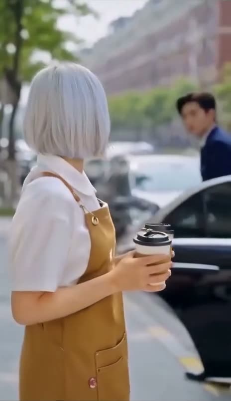 A cafe worker with two coffees looks at a man in a navy suit stepping out of a black car, swapped into Nova