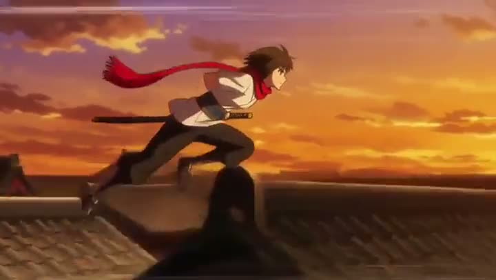 An anime clip: a runner with a red scarf leaps across rooftops at sunset