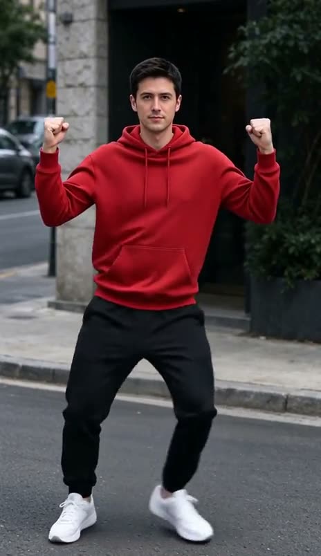 A man in a red hoodie and black joggers dances on a city street