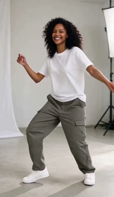 A woman in a white tee and olive cargo pants dances in a white photo studio