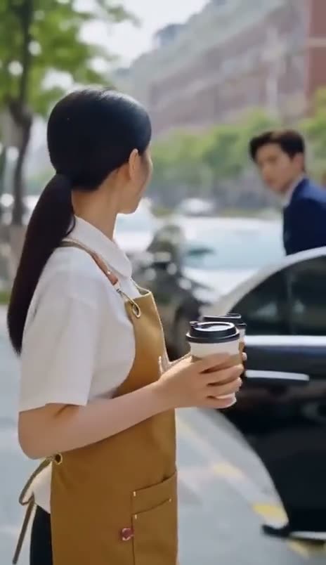 A cafe worker with two coffees looks at a man in a navy suit stepping out of a black car