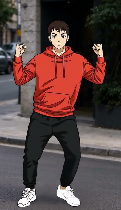 The man in the red hoodie, redrawn as an anime character with line art and flat shading, dancing on the same street