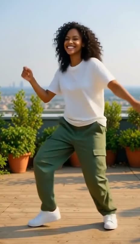 The studio dancer on a sunny rooftop terrace full of green plants with a city skyline behind her, described in words