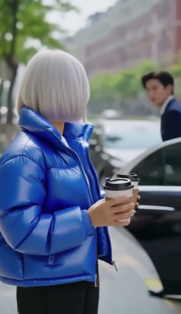 The cafe worker swapped into Nova, with a silver bob and a blue puffer jacket, on the Pro tier; the man in the suit is unchanged