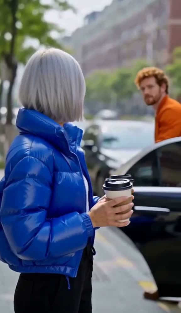 The same two people, both recast: the cafe worker as Nova in a blue puffer jacket and the man as Kai in an orange bomber jacket
